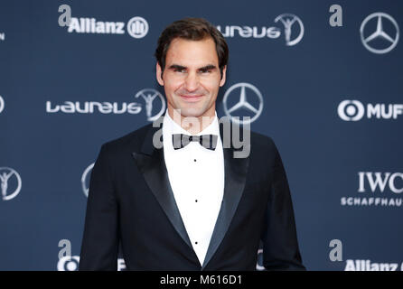 Il Principato di Monaco. Il 27 febbraio, 2018. Swiss giocatore di tennis Roger Federer arriva a 2018 Laureus World Sports Awards a Monaco il 27 febbraio 2018. Credito: Voi Pingfan/Xinhua/Alamy Live News Foto Stock