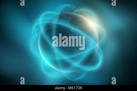 Abstract il pianeta terra. Le linee sfocate muoversi. Sfondo futuristico. Composizione di spazio. Blue sunrise e nebbia. Mappa del mondo. Rete globale. Vector illustrat Illustrazione Vettoriale