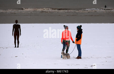 Dog walkers nella neve accanto a un altro luogo da Anthony Gormley, su Crosby il faggio vicino al Liverpool, a seguito di una notte pesante nevicata che ha provocato interruzioni in tutta la Gran Bretagna. Foto Stock