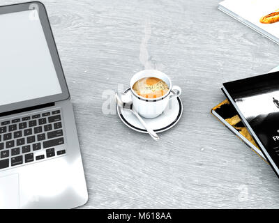 Coffee break, una tazza di caffè e computer, libri, una pausa giornaliera, prima colazione e lavoro Foto Stock