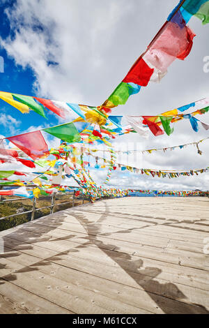 La preghiera buddista bandiere in Shika Snow Mountain Scenic Area, nella provincia dello Yunnan in Cina. Foto Stock