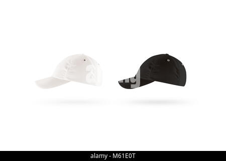 Vuoto in bianco e nero cappello da baseball mockup impostare, profilo vista laterale. Cancellare snap-back mock up, isolata. Snapback vuoto modello di disegno. Sport hat accesso Foto Stock