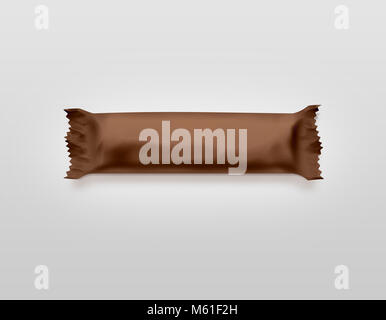 Bianco marrone candy bar plastica avvolgere mockup isolato. Svuota barra di cioccolato involucro di confezionamento modello. Choco factory logo pacchetto candybar mock Foto Stock