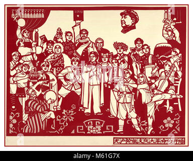 Vintage anni sessanta il Presidente Mao cinese poster di propaganda uno dei 15 papercuts scoperto nel centro per gli Studi Cinesi. Questo papercut è intitolato "L'inizio del Grande proletaria rivoluzione culturale' dal 1964. Foto Stock