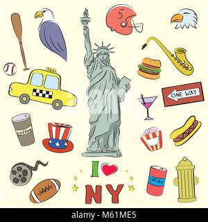 New York doodle impostato Illustrazione Vettoriale
