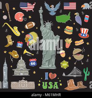 I LOVE USA . Disegnata a mano doodle elementi, oggetti o icona. Illustrazione Vettoriale