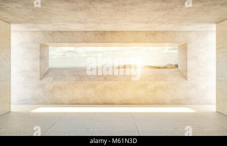 Calcestruzzo interna con una grande finestra e del tramonto sullo sfondo del rendering 3D image Foto Stock