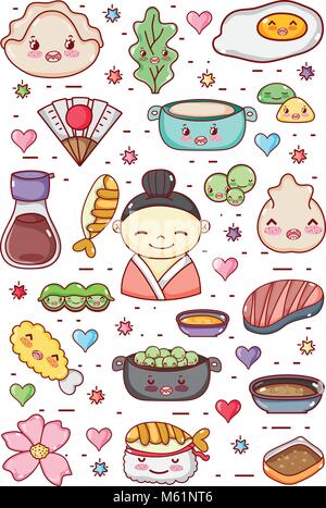 Gastronomia giapponese carino kawaii cartoni animati Illustrazione Vettoriale