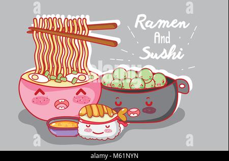 Ramen e sushi kawaii cartoon Illustrazione Vettoriale