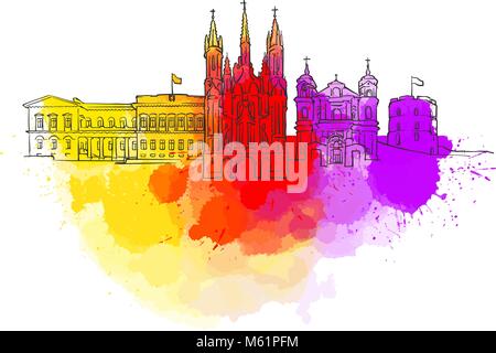 Vilnius colorato Landmark Banner. Bella disegnati a mano disegno vettoriale. Illustrazione di viaggio per il social media marketing e pubblicità a mezzo stampa. Illustrazione Vettoriale