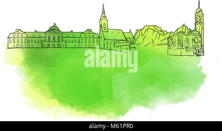 Bratislava colorato Landmark Banner. Bella disegnati a mano disegno vettoriale. Illustrazione di viaggio per il social media marketing e pubblicità a mezzo stampa. Illustrazione Vettoriale