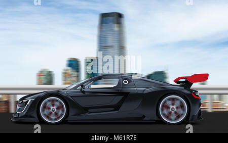 Nero auto sportiva in una città: 3D rendering Foto Stock