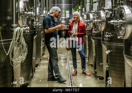 Jörg Geiger Manufaktur per vino di frutta e succhi. 42 serbatoi in acciaio inox - la nuova grande dispensa nella fabbrica II della Jörg Geiger manufactory Foto Stock