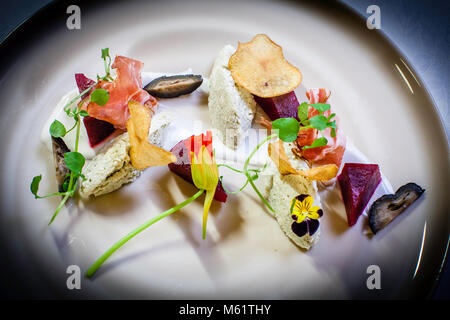 Piatto gourmet in Hotel Schiff a Hittisau, Austria. Antipasto all'Ernerle con due specialità regionali, lo Zigerer (formaggio cremoso di siero di latte), barbabietola e noci Johanni (noci acute non mature) con cannella Foto Stock