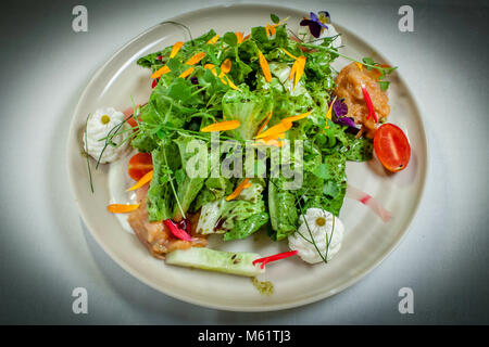 Piatto gourmet in Hotel Schiff a Hittisau, Austria. Un saluto dal giardino. Insalata con chutney di albicocca e olio di semi di zucca, fiori ed erbe Foto Stock