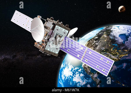 Comunicazioni via satellite in orbita attorno alla terra, rendering 3D Foto Stock