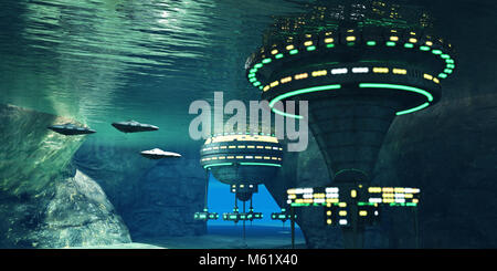 Più astronavi lasciare un sottomarino di alien città nascosta in una grotta costiera del sistema qui sulla terra. Foto Stock