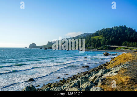 Alcune della California del nord incredibile costa con spiagge di sabbia e rocce e alberi sempreverdi che venire a destra al bordo dell'acqua. Foto Stock