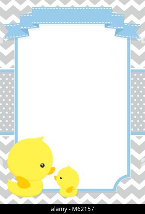 Baby shower invito con anatra carino mamma e bambino ducky su chevron pattern e la polka dots background Illustrazione Vettoriale