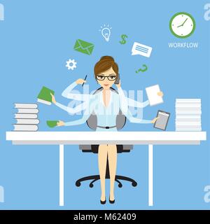 Il Multitasking imprenditrice o lavoratore di ufficio seduti al computer e icone della moda o applicazione.Business donna shiva illustrazione vettoriale nozione Illustrazione Vettoriale
