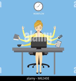 Il Multitasking imprenditrice o lavoratore di ufficio seduti al computer e icone della moda o applicazione.Business donna shiva illustrazione vettoriale nozione Illustrazione Vettoriale