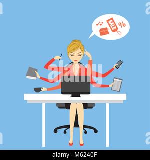 Il Multitasking imprenditrice o lavoratore di ufficio seduti al computer e icone della moda o applicazione.Business donna shiva illustrazione vettoriale nozione Illustrazione Vettoriale