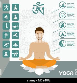 Uomo seduto nella posizione del loto, yoga infographics e icona, illustrazione vettoriale Illustrazione Vettoriale