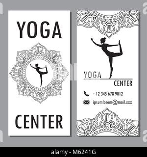 Schede per la donna yoga studio con ornamento di paisley, banner o modello brochure , illustrazione vettoriale Illustrazione Vettoriale