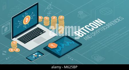 Bitcoin e cryptocurrencies: laptop e dispositivi mobili con app finanziario e delle pile di bitcoins Illustrazione Vettoriale