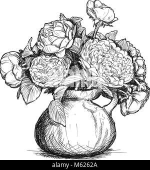 Vettore di disegno a mano di rose e peonie bouquet di fiori in vaso Illustrazione Vettoriale