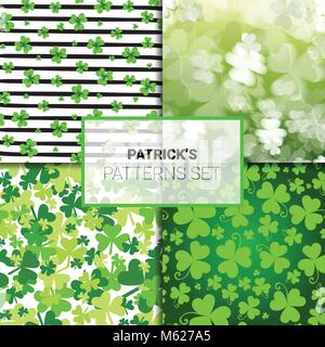 Set di modelli per Patricks giorno vacanza irlandese sfondi senza giunture con foglie di trifoglio Illustrazione Vettoriale