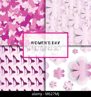 Set di sfondi Rosa Seamless Patterns per Womens giorni di vacanza bellissimi ornamenti floreali raccolta Illustrazione Vettoriale