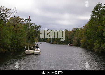 La treeline riva del fiume Ochlockonee in Florida con barche ormeggiate Foto Stock