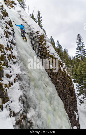 Noelle Synder salendo un percorso inferiore chiamato Green Sleeves WI3 in Hyalite Canyon Foto Stock