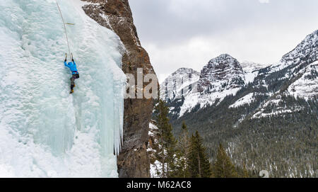 Noelle Synder salendo un percorso chiamato da più facile WI3 in Hyalite Canyon Foto Stock