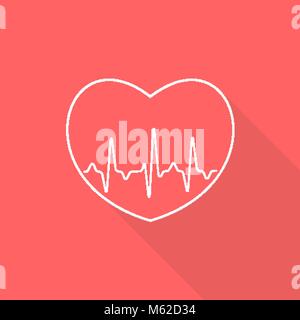 Bianco cuore delineato segno con la linea di impulsi su sfondo rosso Illustrazione Vettoriale