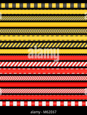 Raccolta di rosso e giallo nastri di restrizione. Attenzione nastri isolati su sfondo bianco Illustrazione Vettoriale