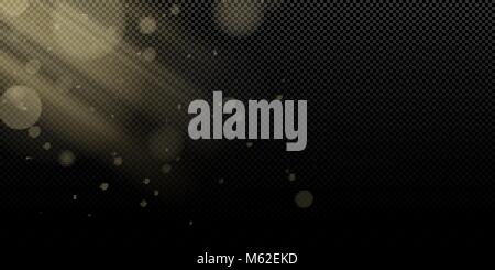 Bokeh di fondo giallo luci e raggi di luce su sfondo trasparente. Abstract sfondo per il tuo design. Effetto luce per le foto. Il bagliore dalla fotocamera Illustrazione Vettoriale
