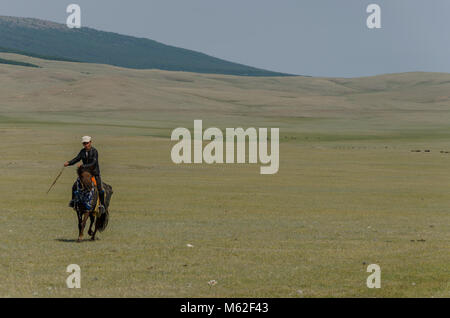 Horsebacking nella Taiga, Hovsgol Provincia, Mongolia Foto Stock