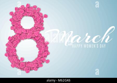 Coperchio per 8 Marzo su sfondo blu. La figura 8 della rosa dei petali di rosa. lussuoso brochure per Felice Womens giorno. Calligrafica testo bianco. Vector illustrat Illustrazione Vettoriale