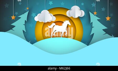 Carta cartone animato paesaggio. Illustrazione del cavallo. Illustrazione Vettoriale