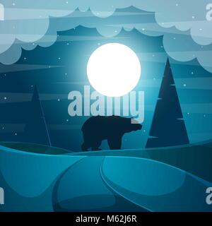 Bear illustrazione. Cartone animato paesaggio notturno. Illustrazione Vettoriale
