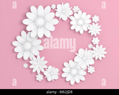 Libro bianco fiori decorazione luce su uno sfondo di colore rosa, bridal bigliettino, sfondo ornamentale. Digitali 3D render illustrazione Foto Stock