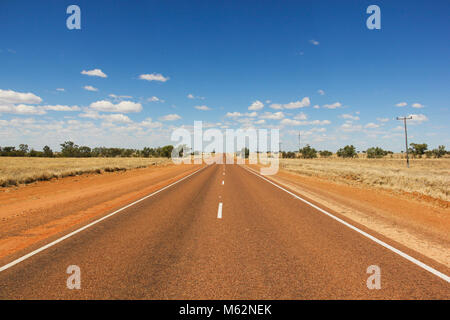 Strada vuota in una giornata di sole nel deserto in Outback australiano. In viaggio con il concetto di viaggio. Visionario, orizzonte futuro simbolismo Foto Stock