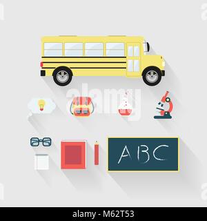 Set di istruzione oggetto con lunga ombra. Scuola bus, il pensiero creativo, microscopio, zainetto, bevuta, bicchieri, notebook, prenota, matita, blackbord Illustrazione Vettoriale