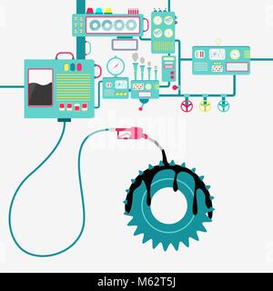Macchinari di fabbrica olio di raffinazione e versare sull'ingranaggio. Ingranaggio essendo lubrificati con olio. Concettuale. Illustrazione Vettoriale