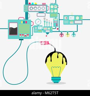 Macchinari di fabbrica olio di raffinazione e la fuoriuscita di olio sulla lampada. Concettuale. Illustrazione Vettoriale