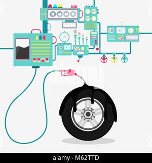 Macchinari di fabbrica olio di raffinazione e la fuoriuscita di olio sul pneumatico. Illustrazione Vettoriale