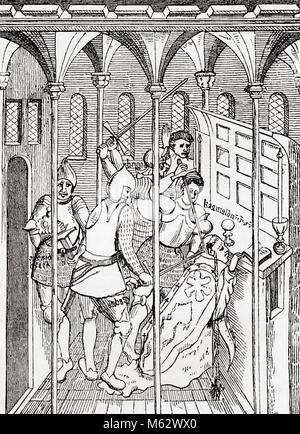 L assassinio di Thomas Becket nella cattedrale di Canterbury, 1170. Thomas Becket, aka San Tommaso di Canterbury, Thomas di Londra e Thomas à Becket, c. 1119/1120 - 1170. Arcivescovo di Canterbury. Da Vecchia Inghilterra: un museo pittorico, pubblicato nel 1847. Foto Stock