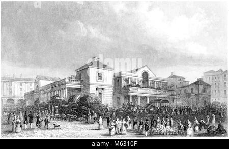 Una incisione di mercato di Covent Garden, Londra scansionati ad alta risoluzione da un libro stampato nel 1851. Ritiene copyright free. Foto Stock